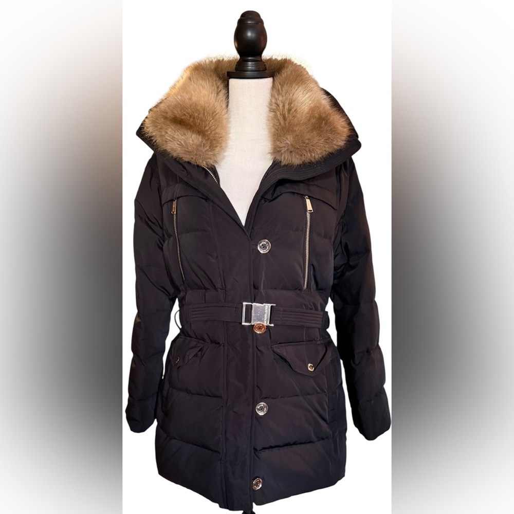 Michael Kors Black Belted Down Puffer Coat Fur Trim Hood Gold Hardware Large